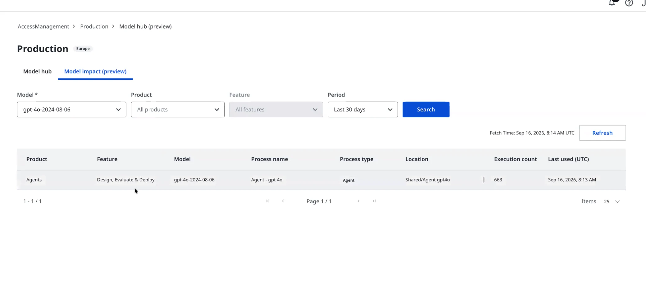 Model impact tab with a model selected, listing each process that used it with its execution count and when it was last used