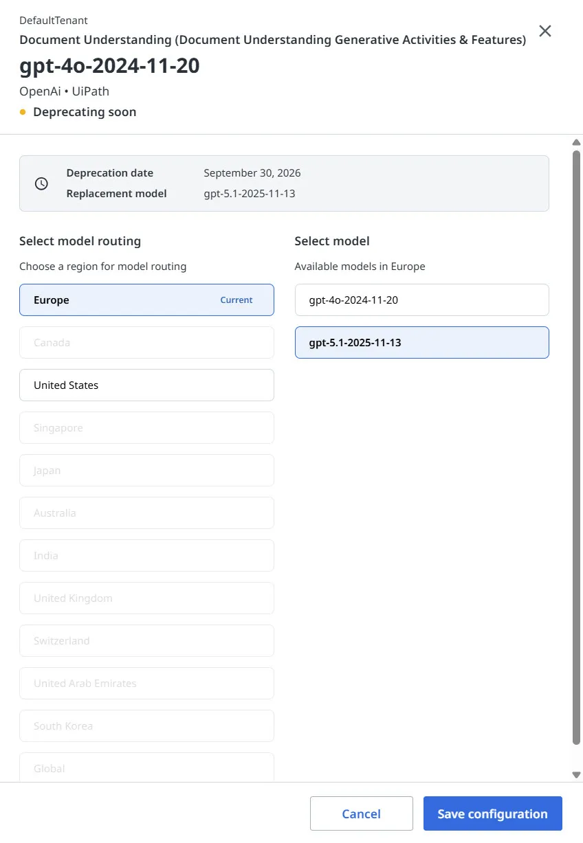 Configure model dialog for a model that is deprecating soon, showing the deprecation date and the designated replacement model available for selection