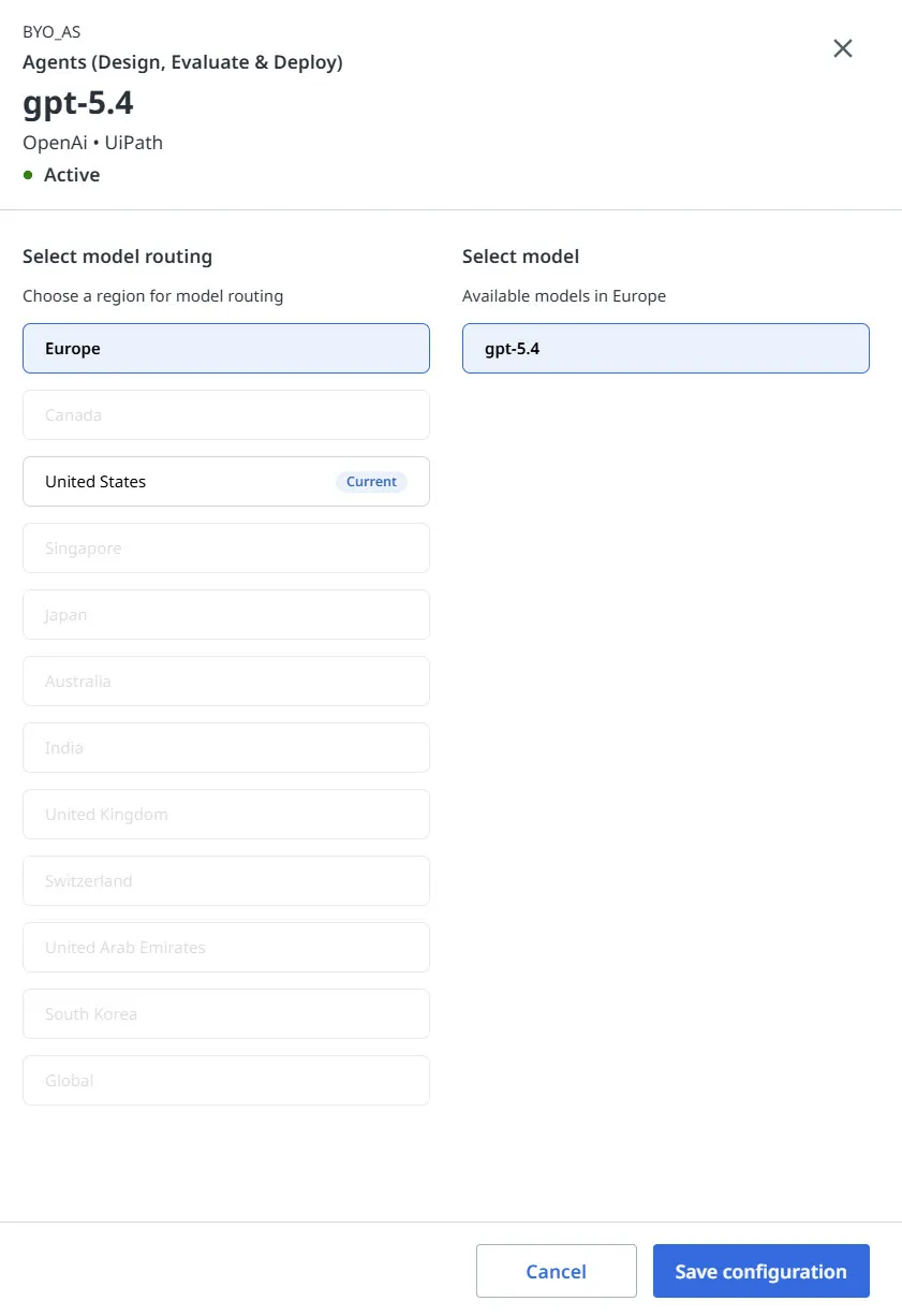 Configure model dialog, with the routing region list on the left and the models available in the selected region on the right