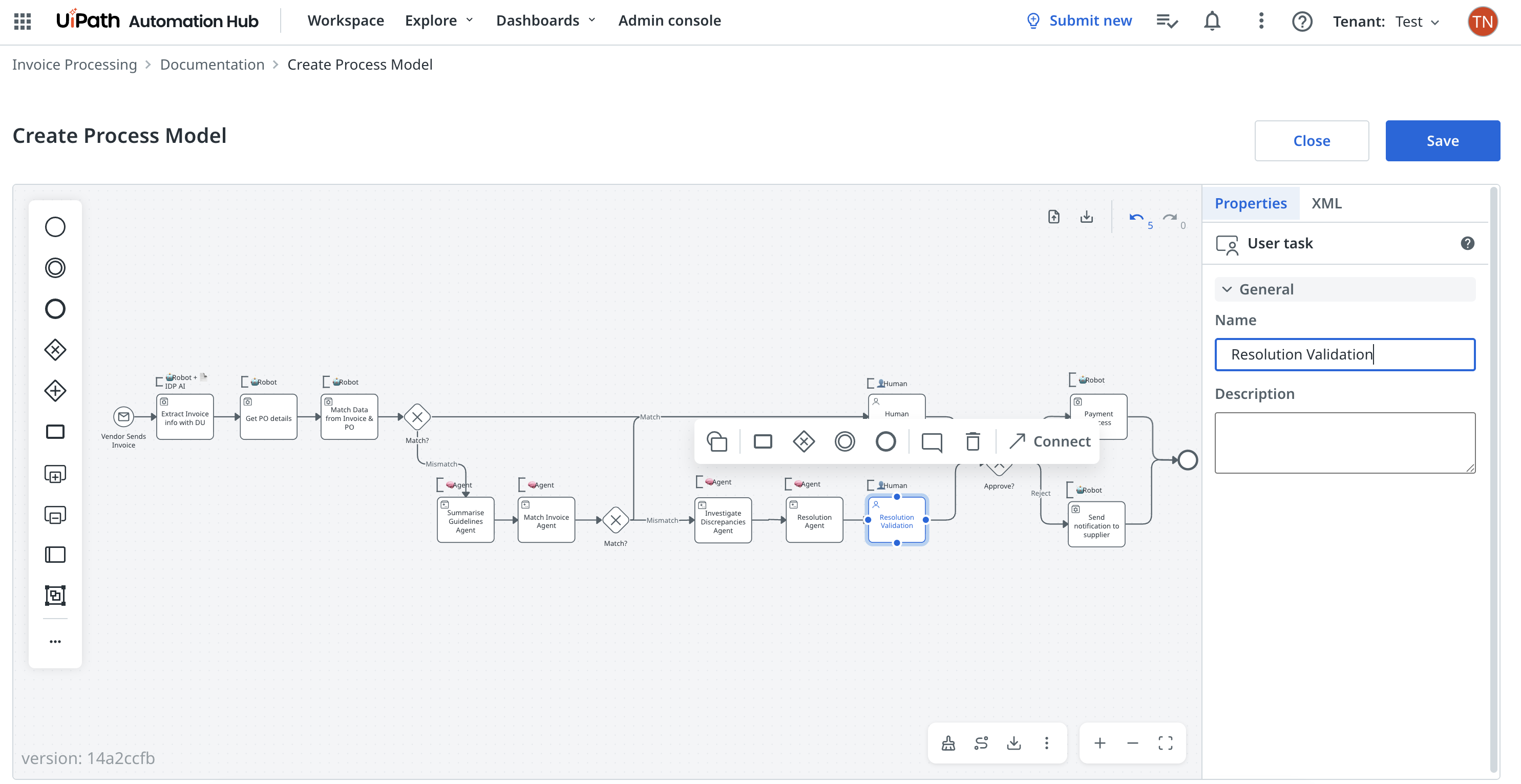 Process model editor in Automation Hub showing the BPMN modelling canvas for a business process entry
