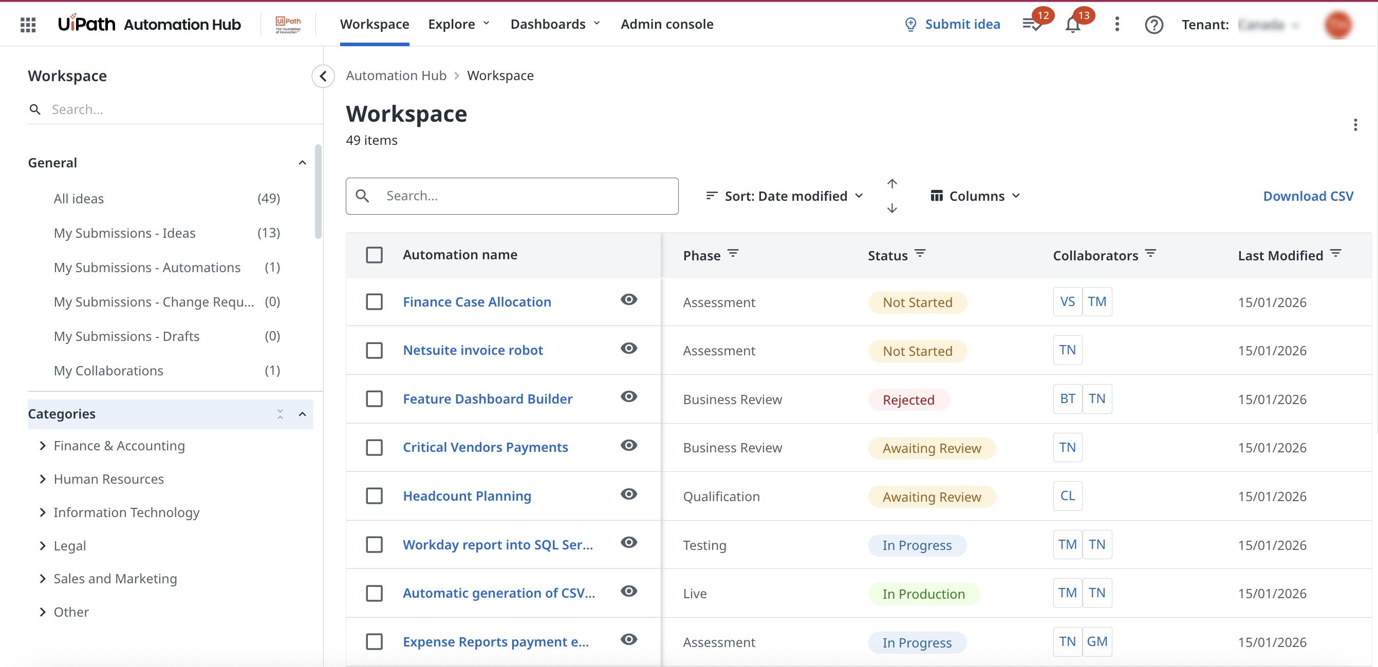 Automation Hub-Kategorien