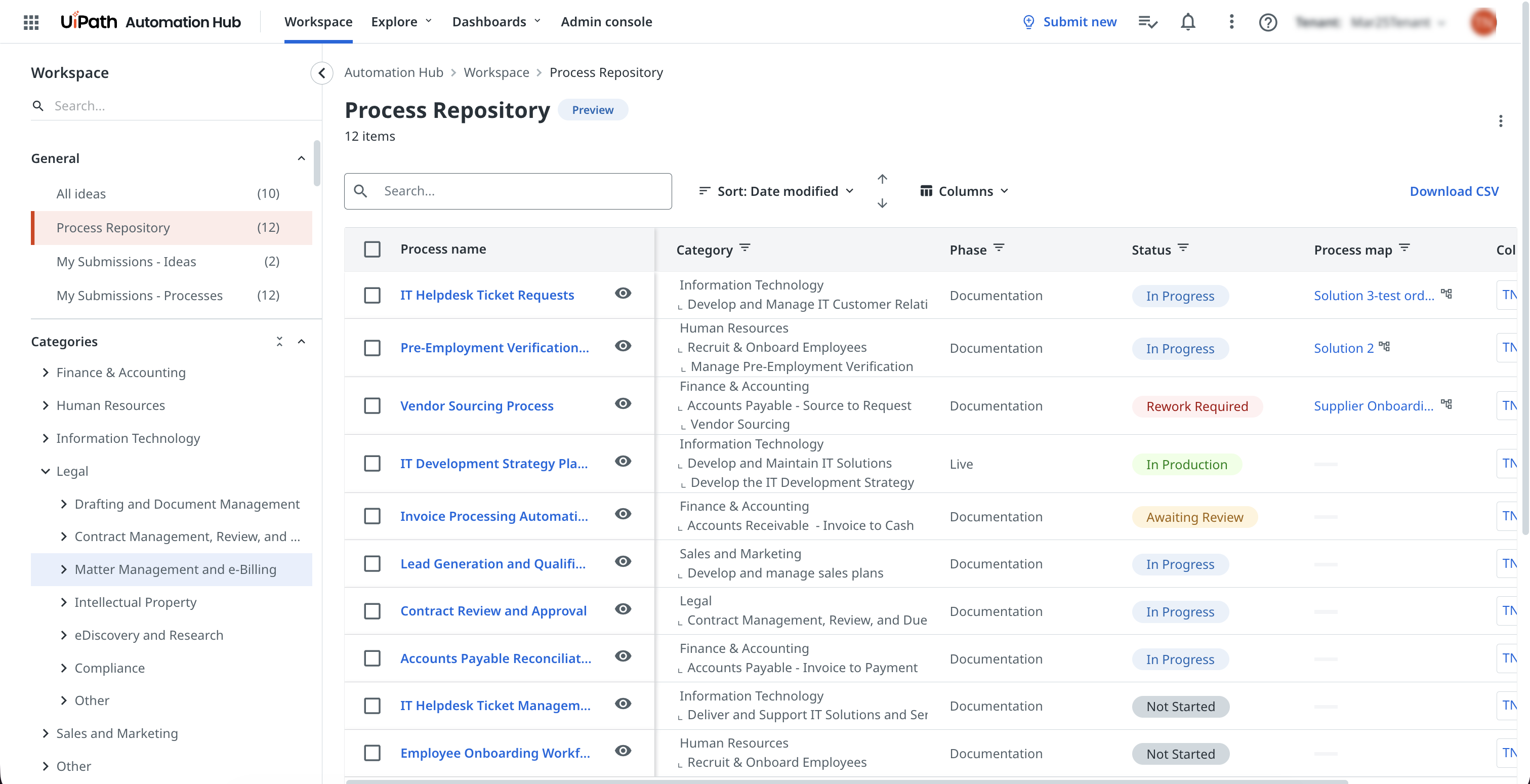 Process repository workspace