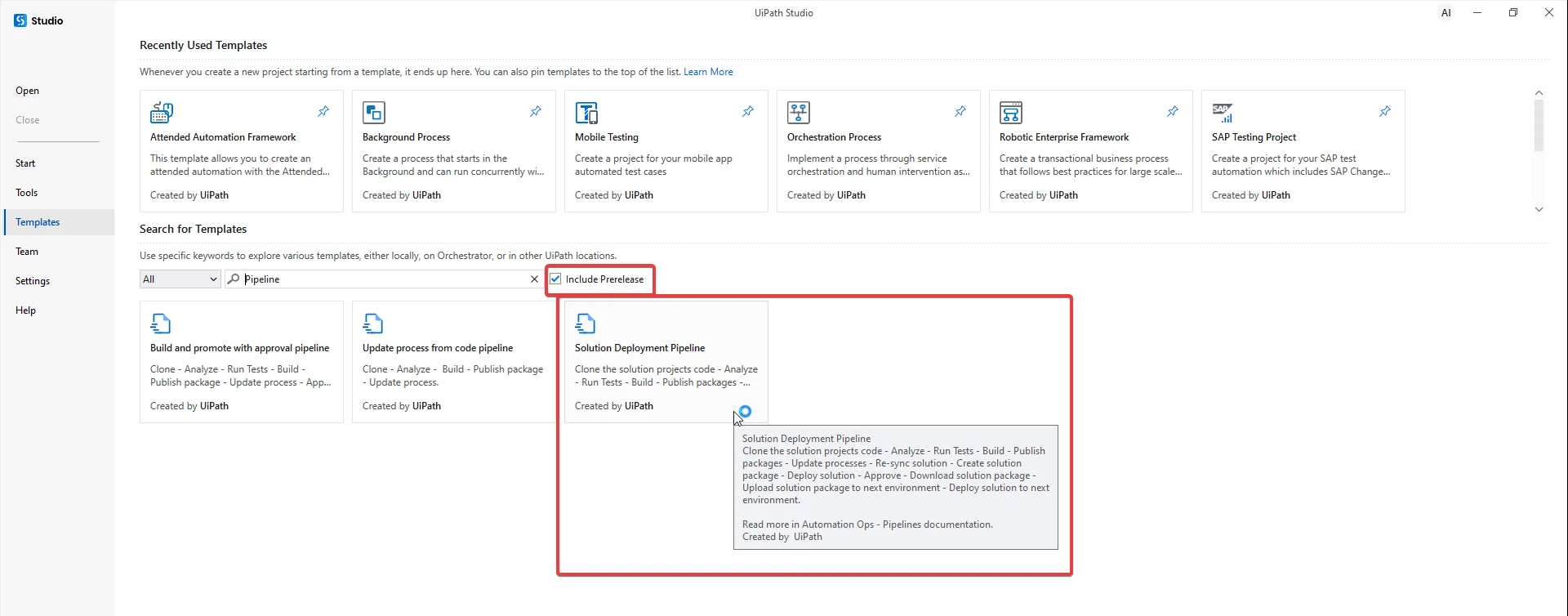'Creating a custom pipeline from the template' image