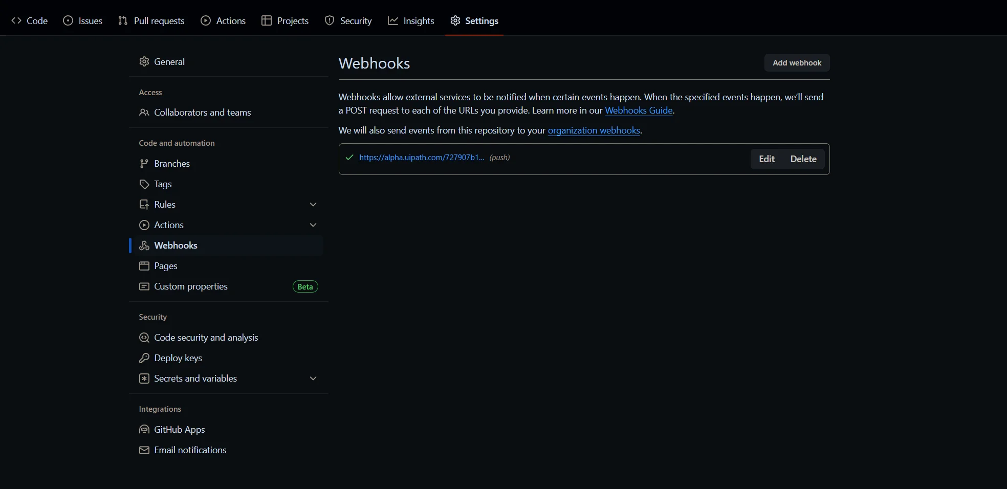 Imagen "Eliminar webhooks del repositorio de GitHub"