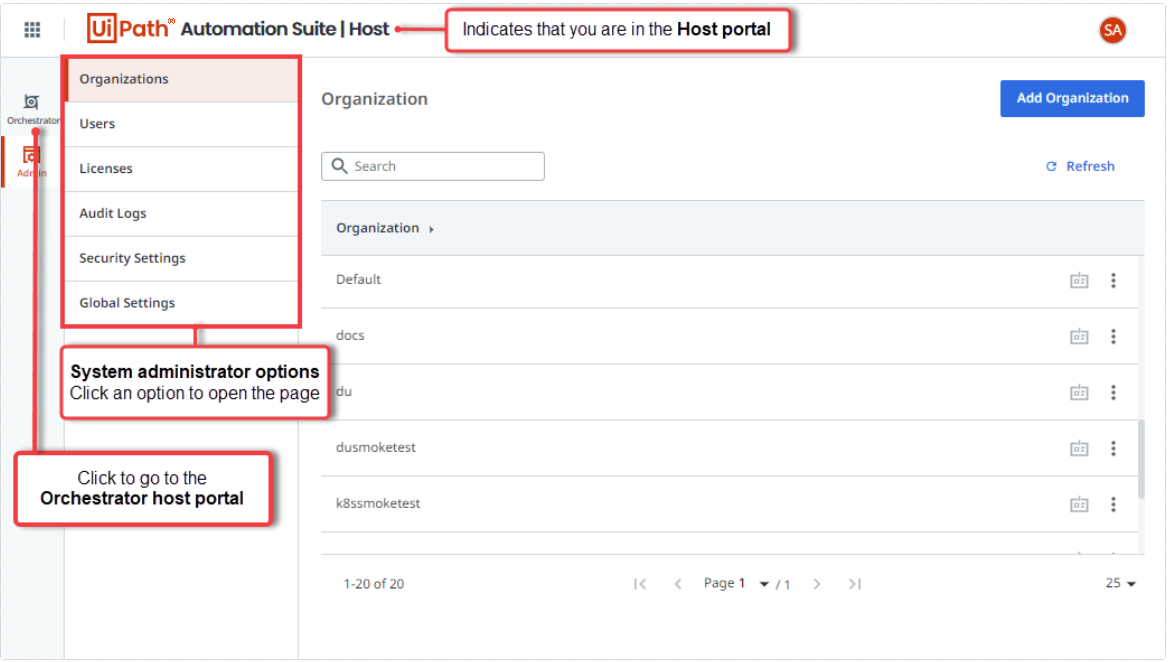 Automation Suite host portal view