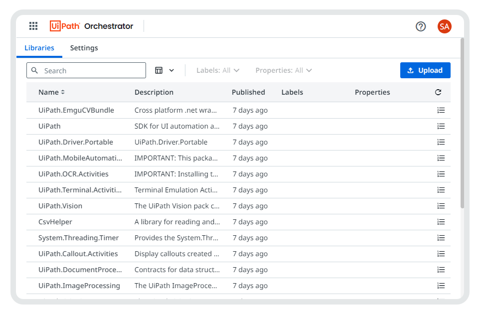 Orchestrator host portal Libraries view
