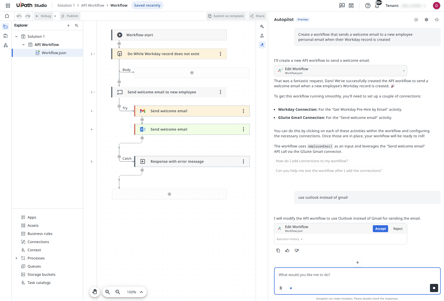 New employee notification prompt example in autopilot chat