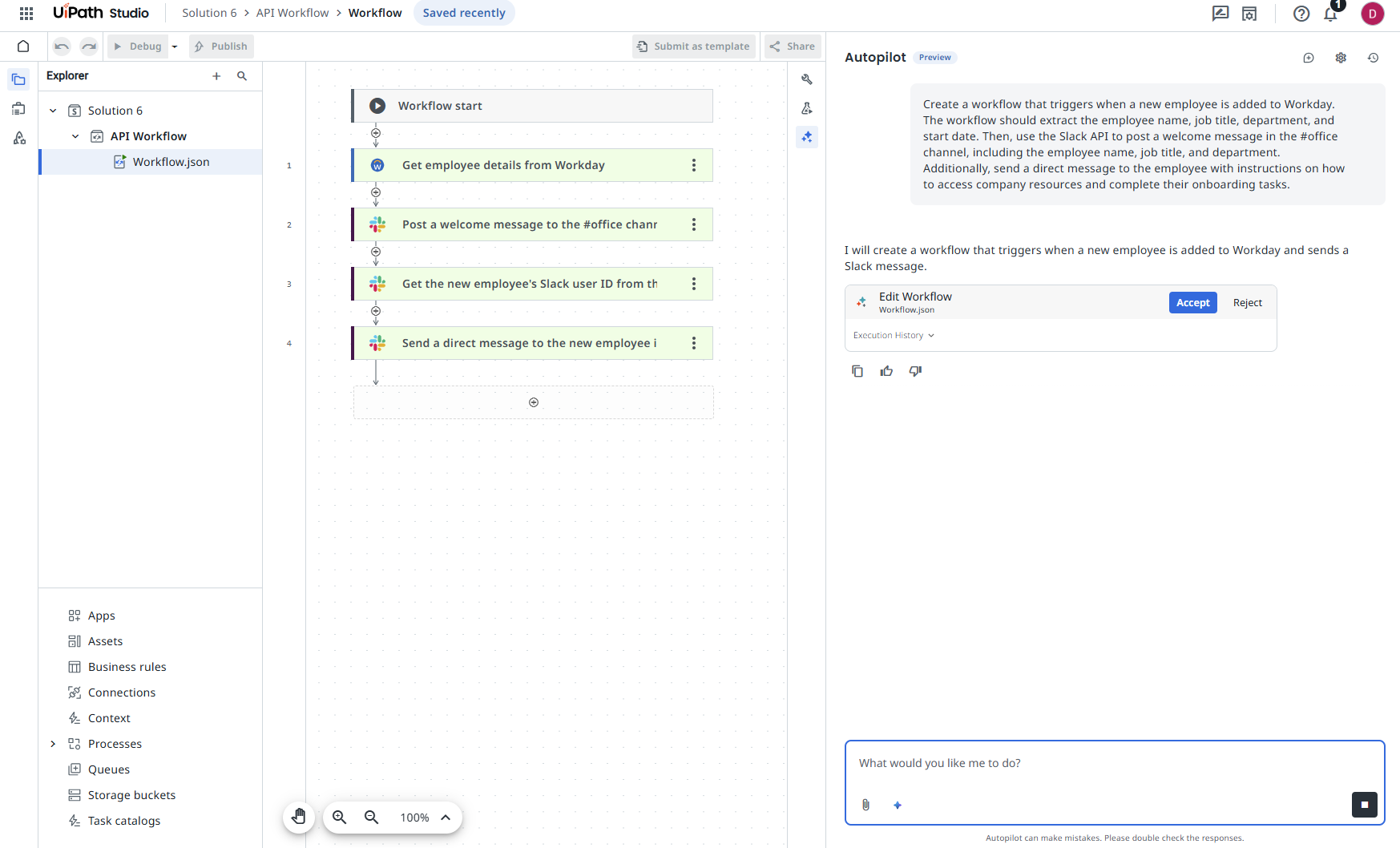 New employee onboarding prompt example in autopilot chat