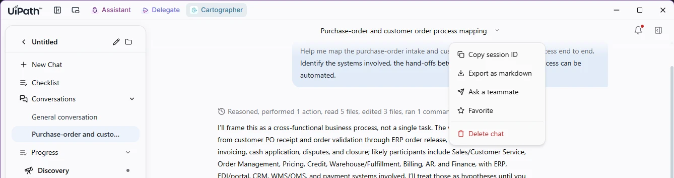 Conversation drop-down menu opened from the conversation title, with the Ask a teammate option between Export as markdown and Favorite