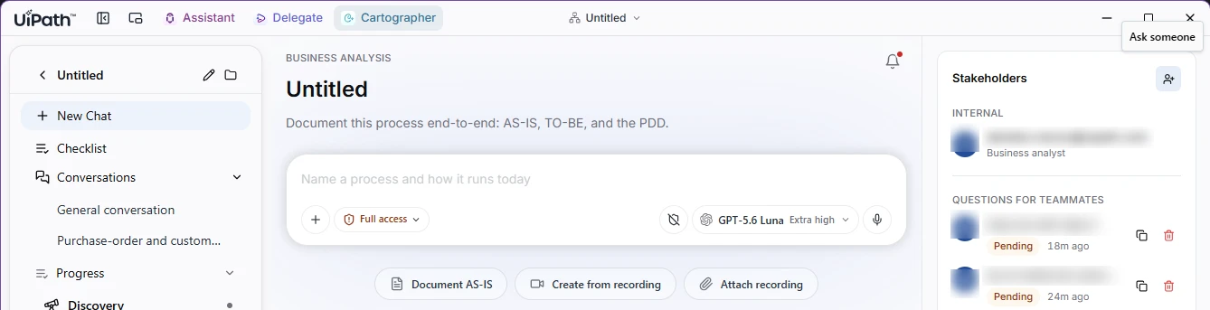 New Chat page with the Ask someone button at the top of the Stakeholders panel, and pending requests listed under Questions for teammates