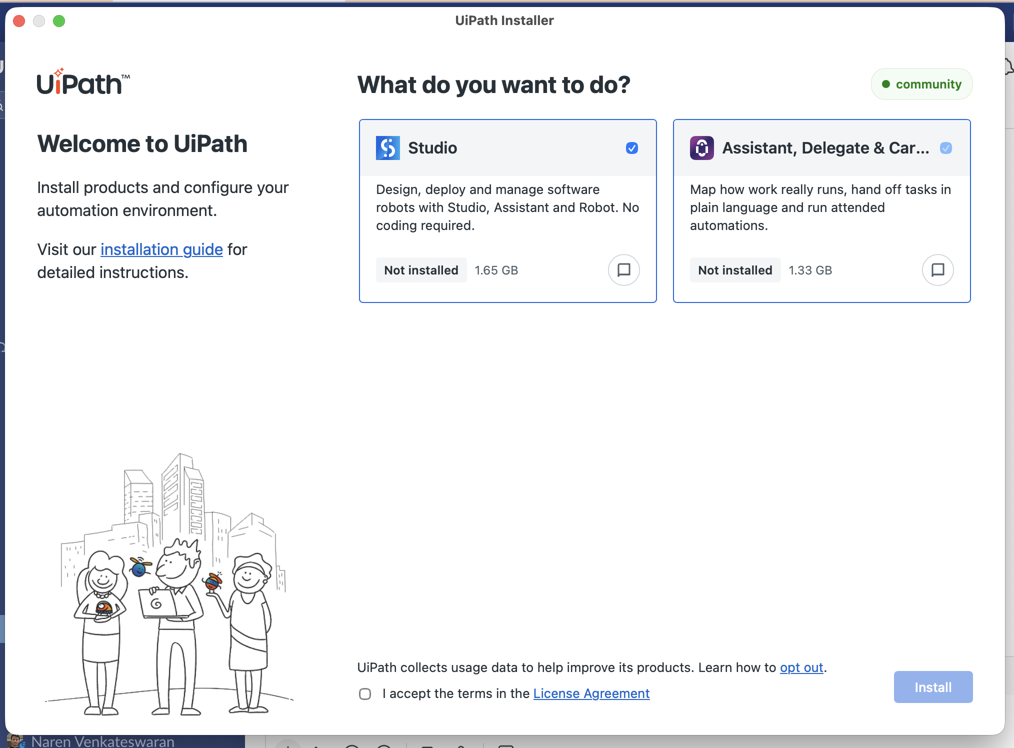 UiPath installer screen on macOS with Studio and Assistant, Delegate & Cartographer options, both selected