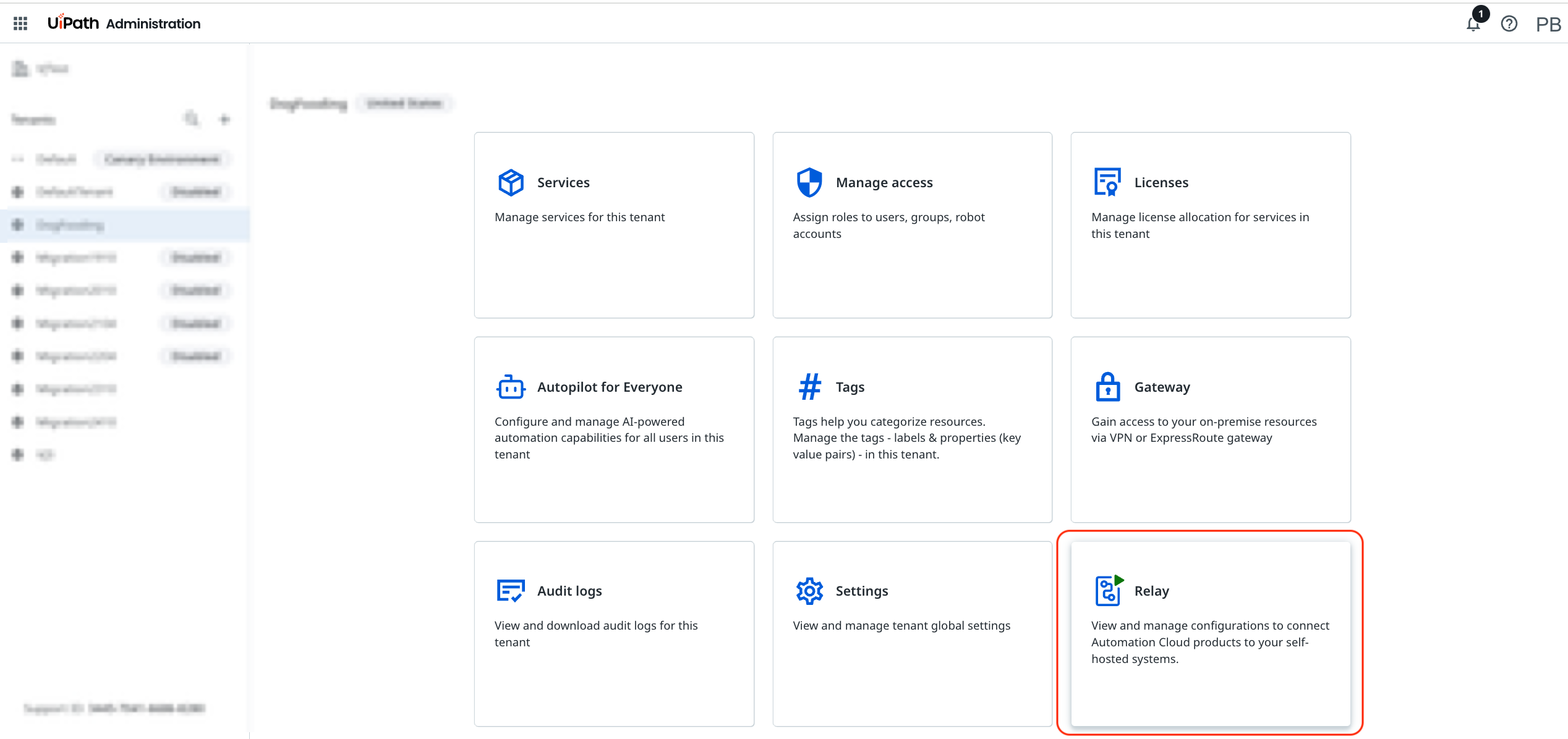 Relay tile in UiPath Administration