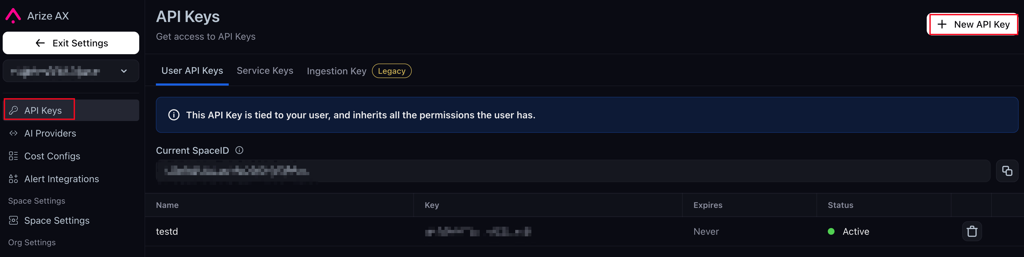 Arize API Keys page