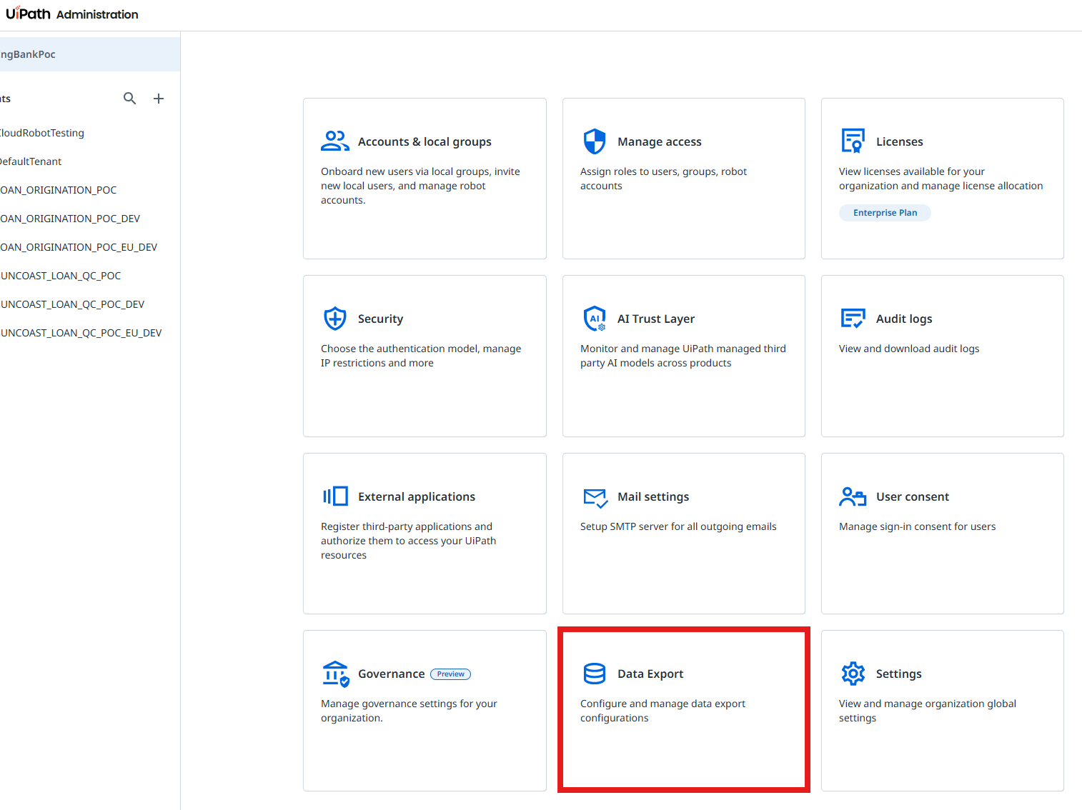 Data Export card in the UiPath Admin portal