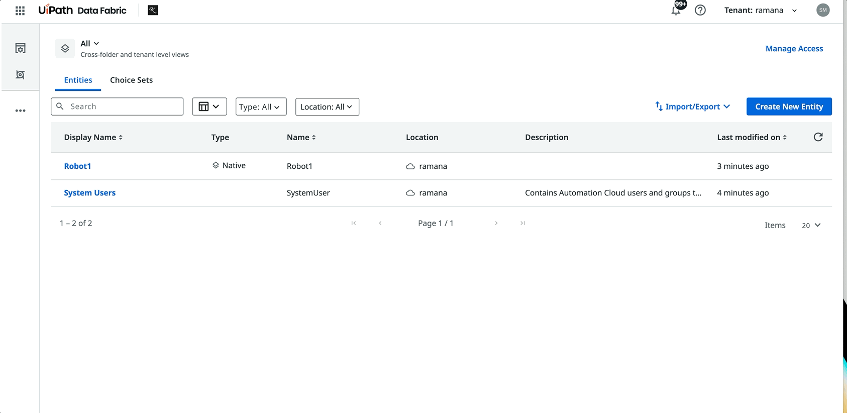 Selecting an entity in the Entities list, opening its Data tab, and selecting Add New Data