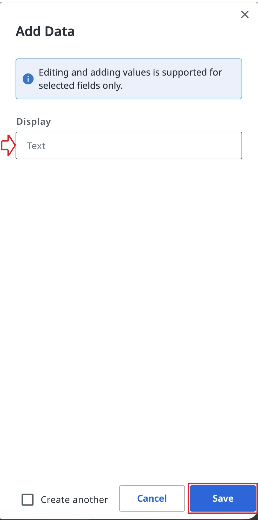 Add Data panel, with the field to fill in and the Save button highlighted