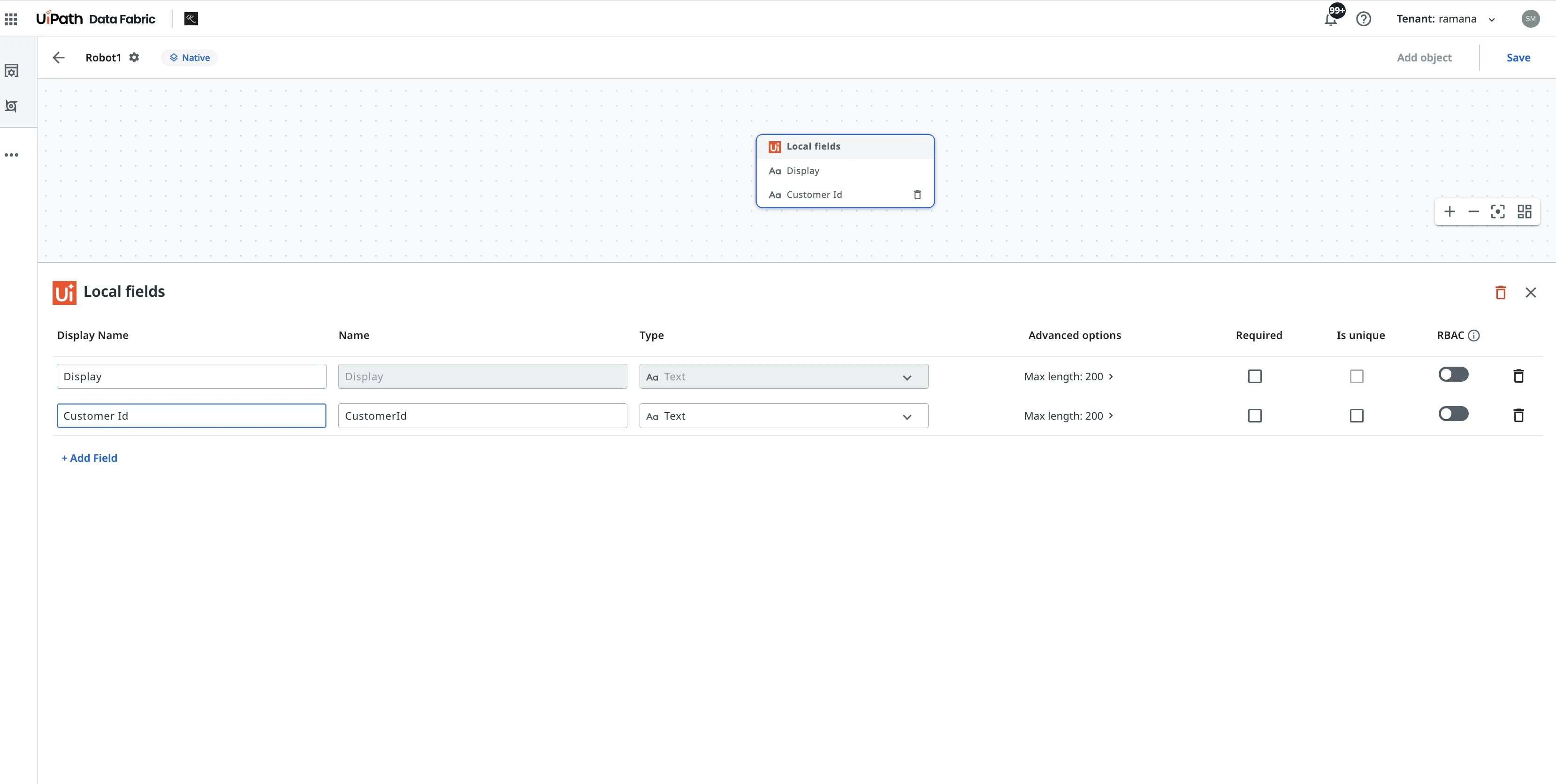 Local fields editor of a Native entity, with a field being added and the Add Field option below the list