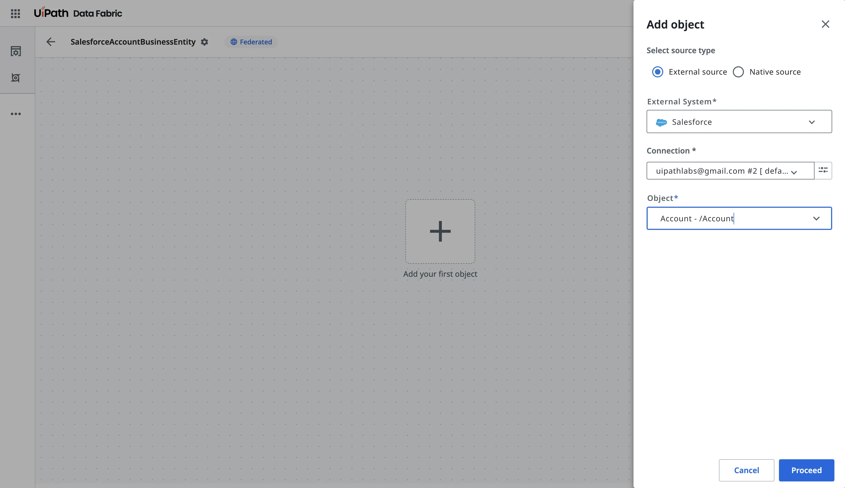 Add object panel of a Federated entity, with External source selected and a Salesforce object chosen