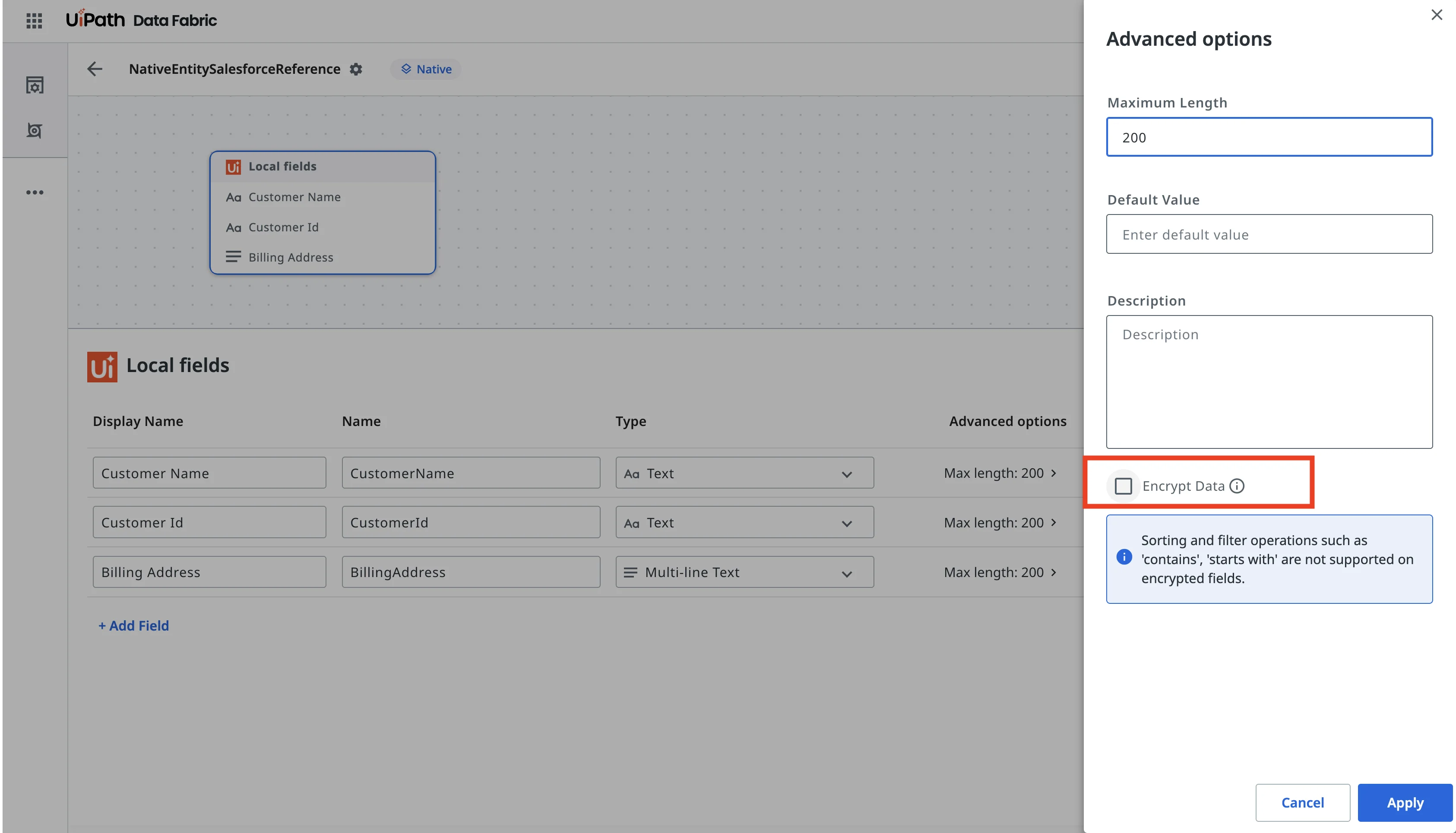 Advanced options panel of a field, with the Encrypt Data checkbox highlighted
