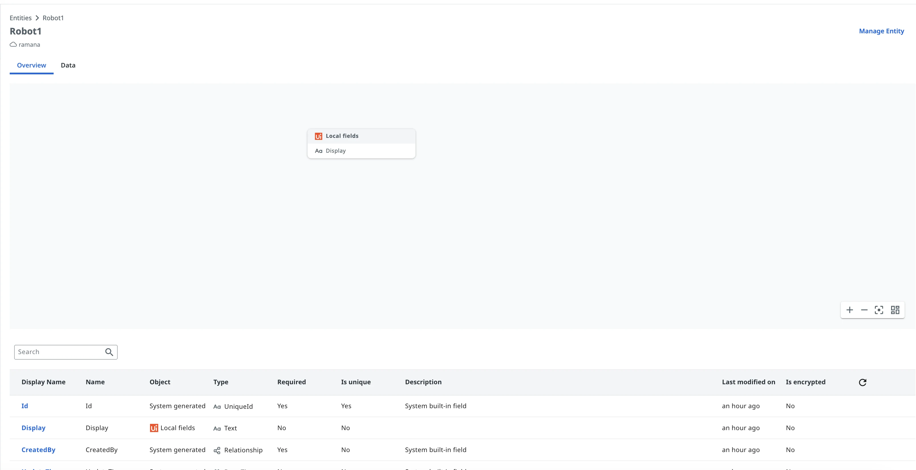 Overview tab of an entity, listing its system built-in fields alongside the fields defined on it