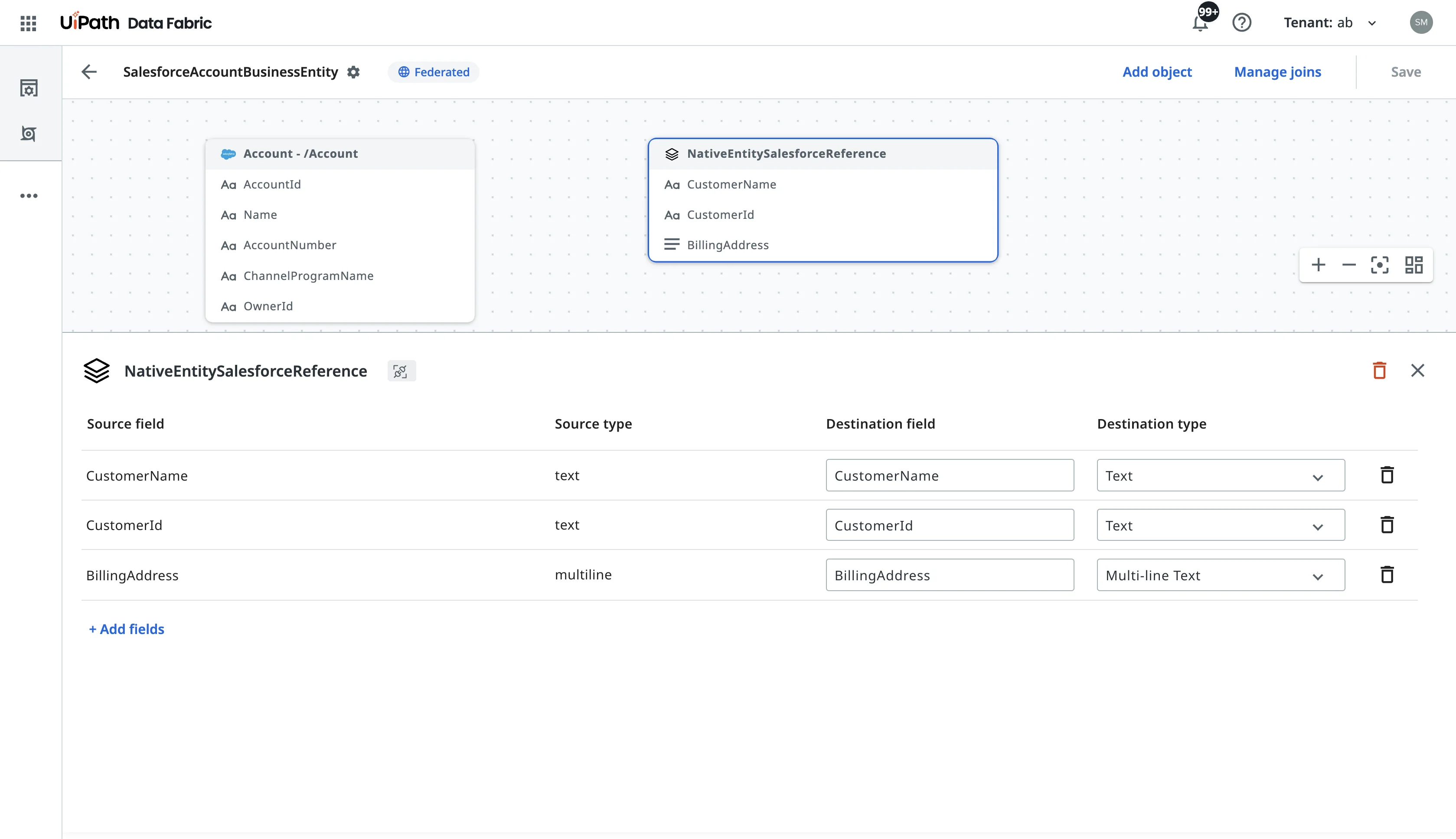 Federated entity holding a Salesforce object and a native source, with the field mapping of the native source