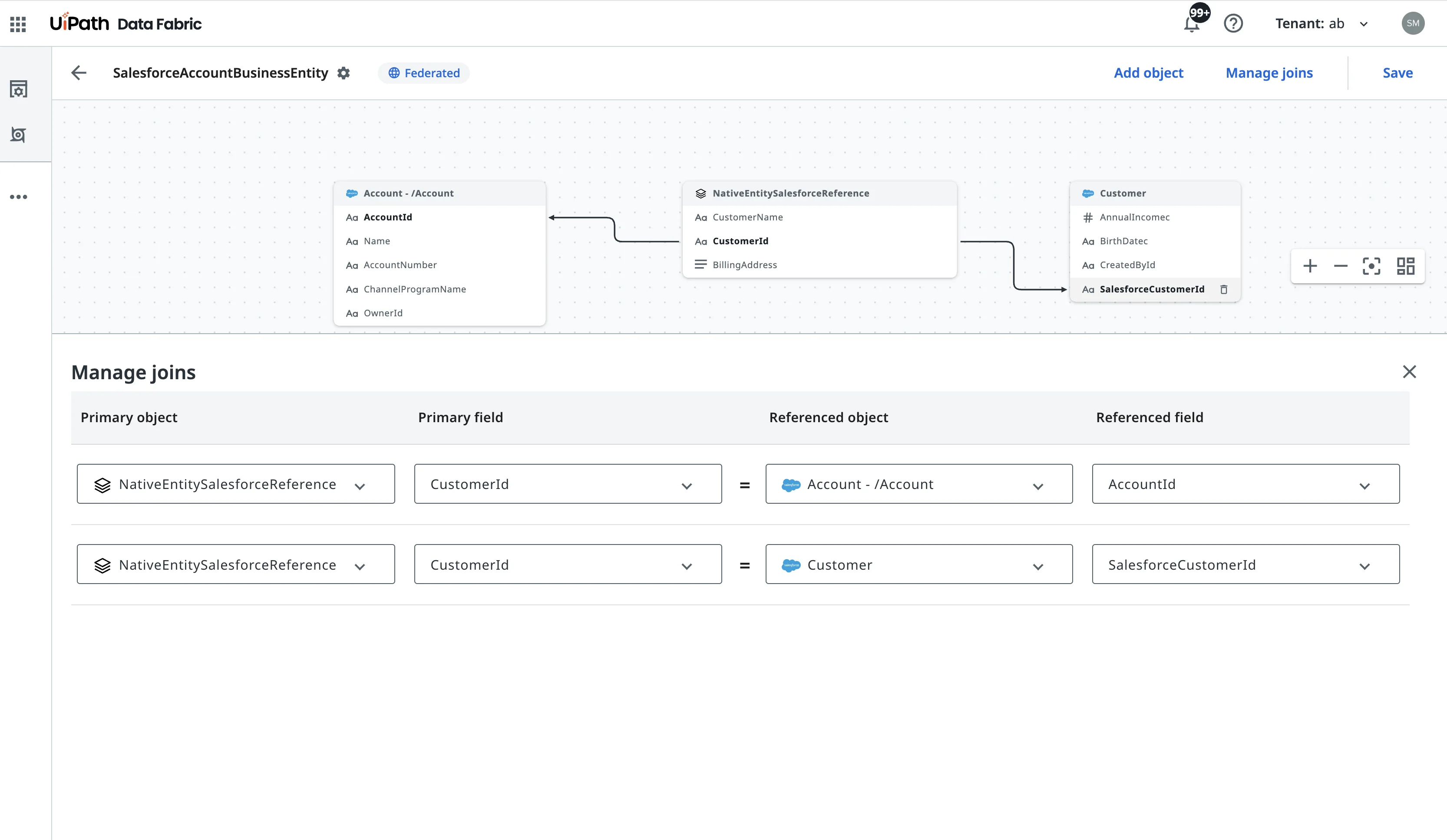Star schema: two Salesforce objects each joined directly to a central native source