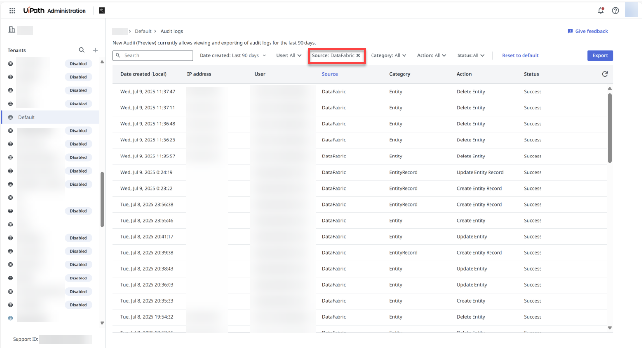 Imagen "Registros de auditoría de Data Fabric"
