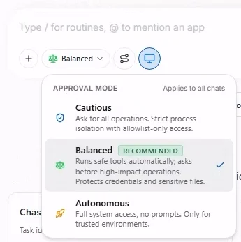 Dropdownmenü „Genehmigungsmodus“ mit „Vorsichtlich“, „Ausgewogen“ und „Autonom“.