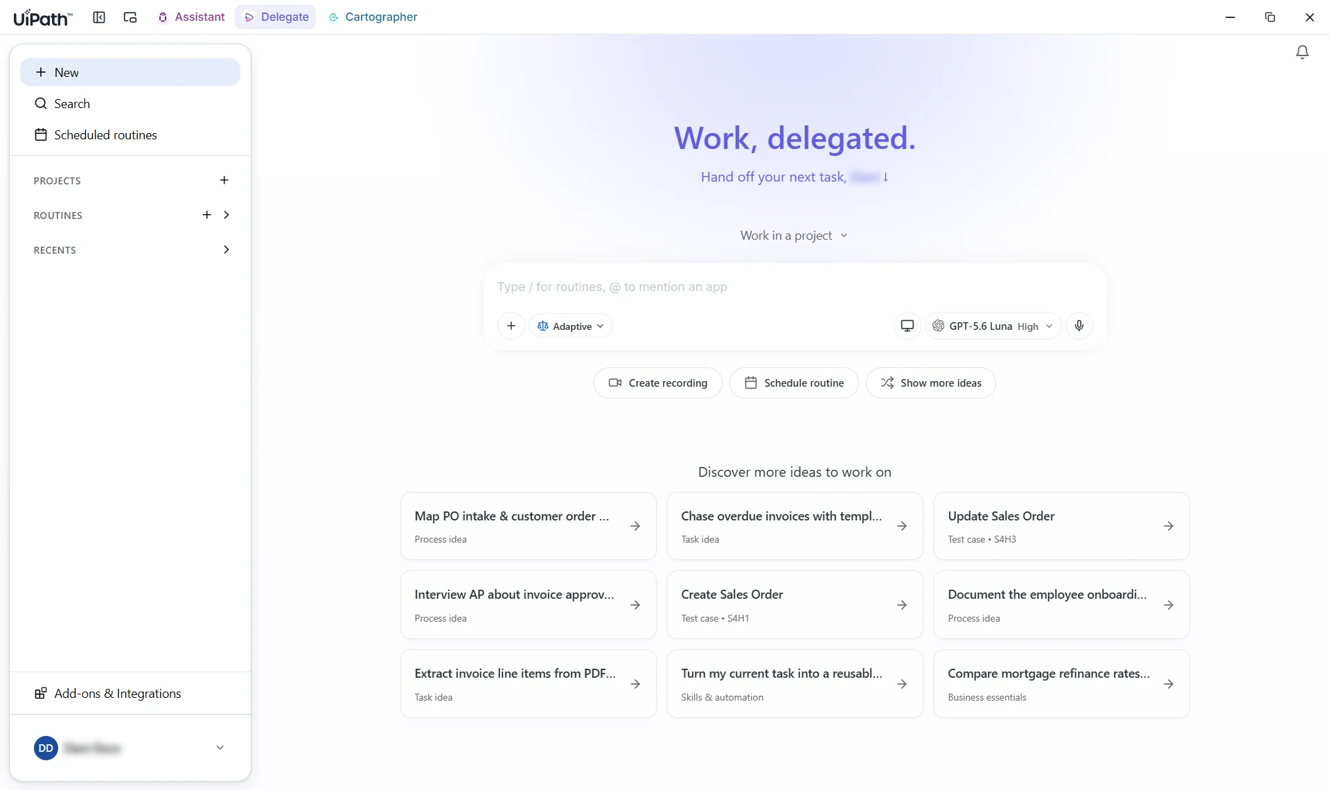 Delegate home screen, showing the sidebar with New, Search, Scheduled routines, and Projects, the chat box to type a request, and a set of suggested tasks below it