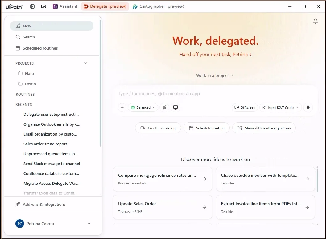 Delegate a exibição da página inicial com a barra lateral, compositor do chat e tarefas sugeridas