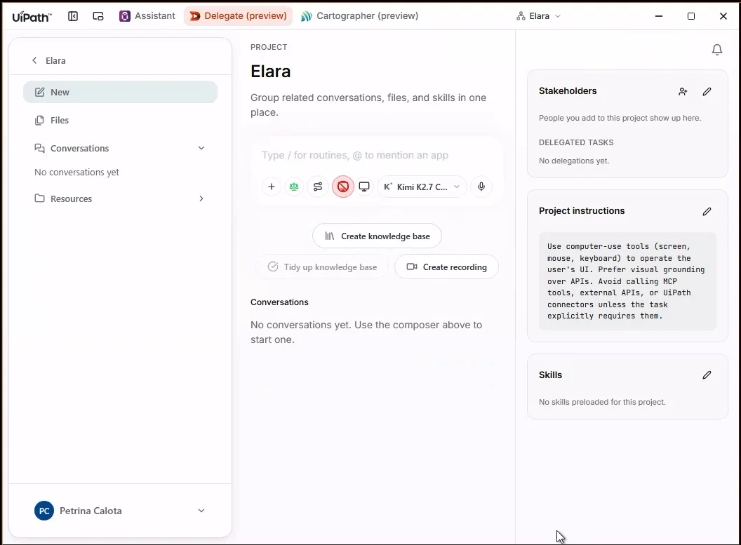 Dentro de um projeto Delegate, mostrando a lista de conversas e o painel de projeto à direita