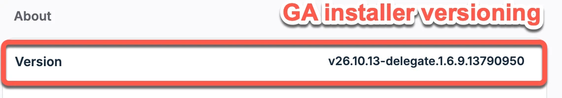 The Version row under Settings > General > About, showing a GA installer version string that begins with v26
