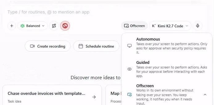 Ausführungsmodus-Dropdownmenü mit „Autonom“, „Geführt“ und „Offline“.