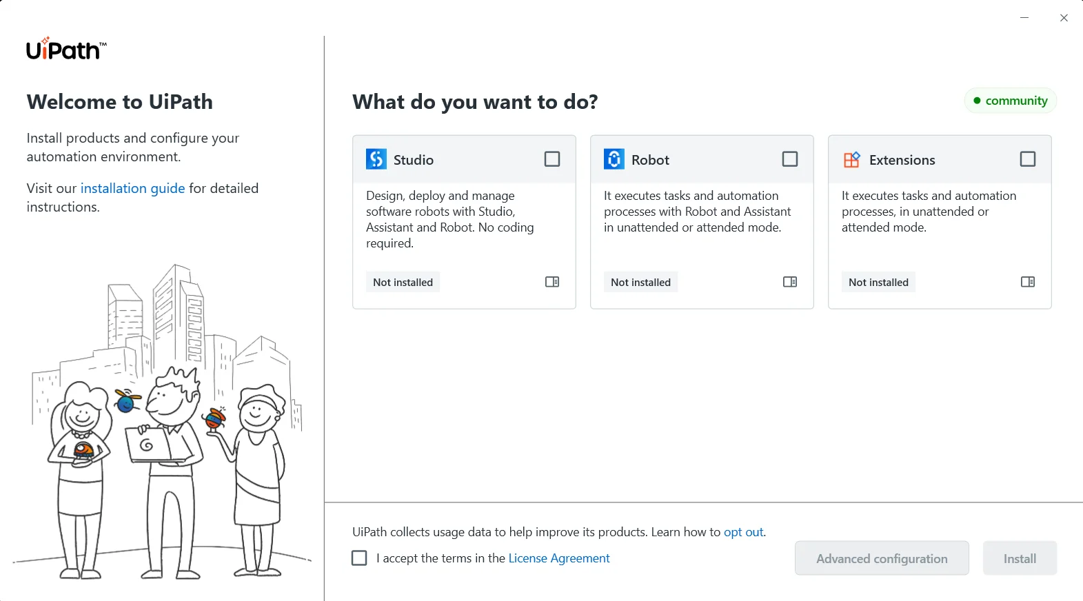 Tela do UiPath Installer com as opções Studio, Robot e Extensions, e o Robot pronto para ser selecionado