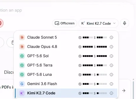 Menú desplegable del selector de modelos que muestra los modelos disponibles con indicadores de capacidad y coste