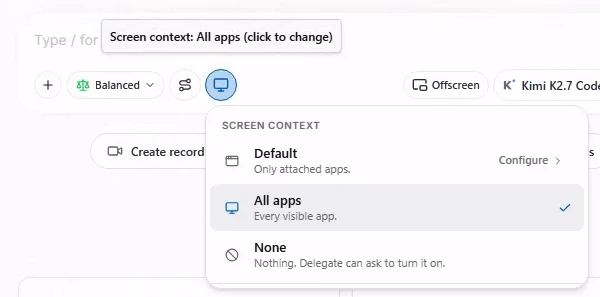 Bildschirmkontext-Dropdownmenü mit Standard, Alle Apps und Keine