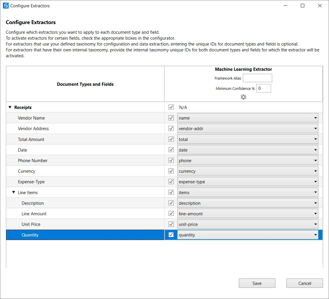 Captura de pantalla que describe el cuadro de diálogo Configurar extractor.