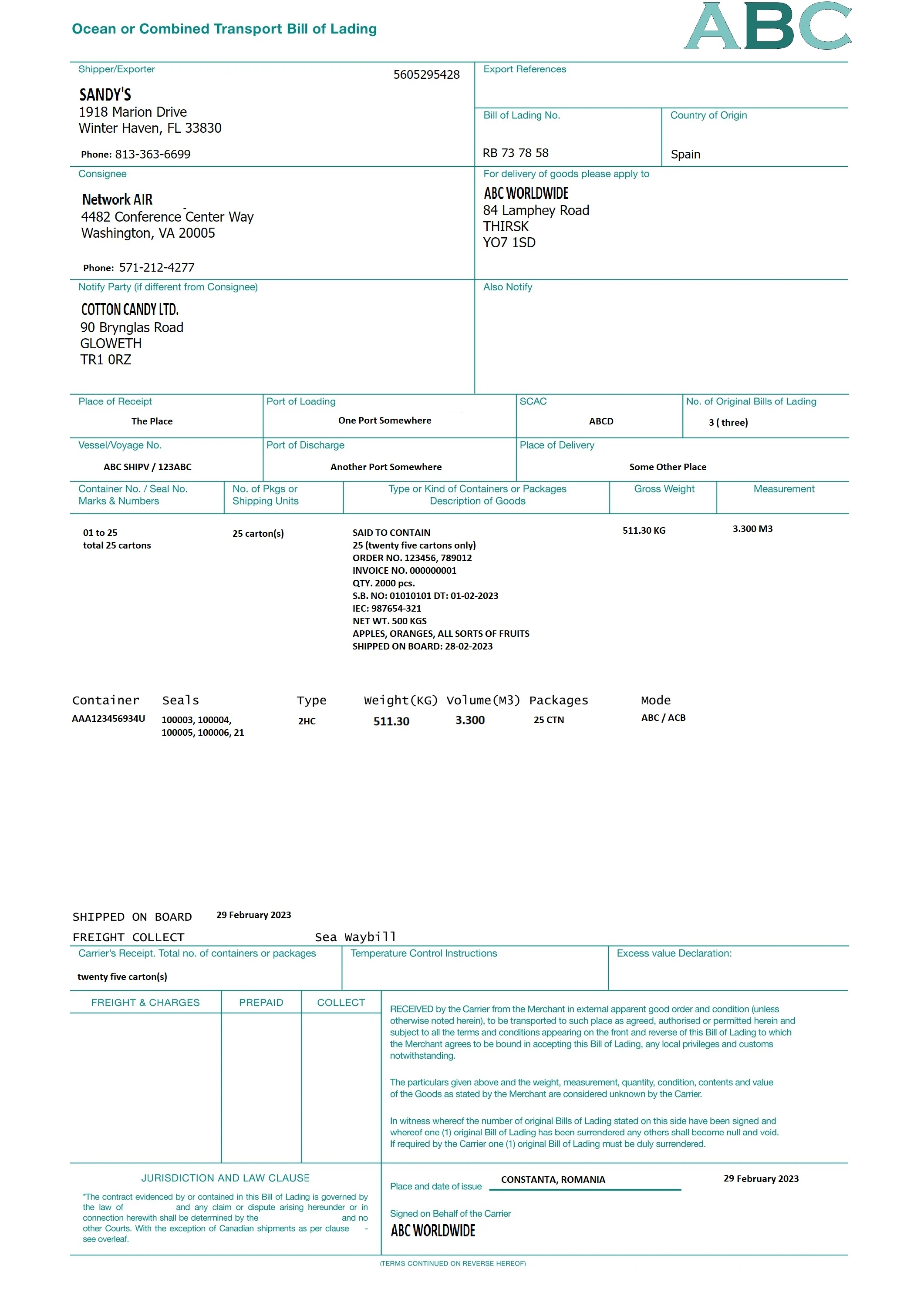 Bills of Lading sample file