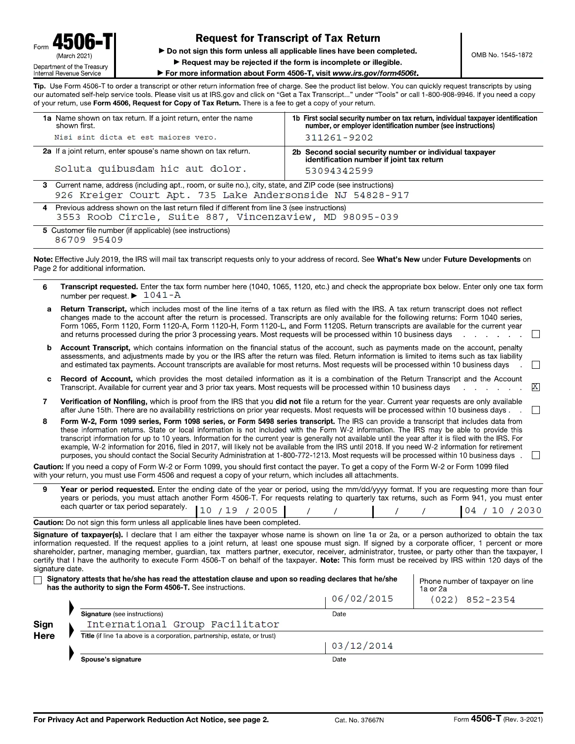 4506-T (米国の納税申告証明依頼書) のサンプル ファイル