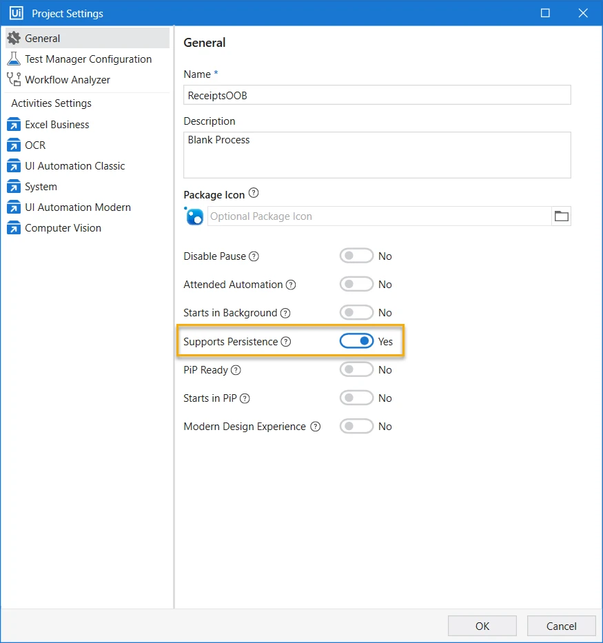 Captura de pantalla que describe la interfaz de Configuración del proyecto, con el botón de alternancia Compatibilidad con persistencia resaltado.