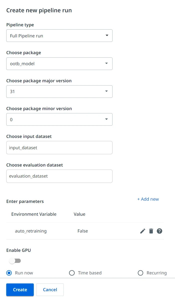 Screenshot of the Create new pipeline run interface.