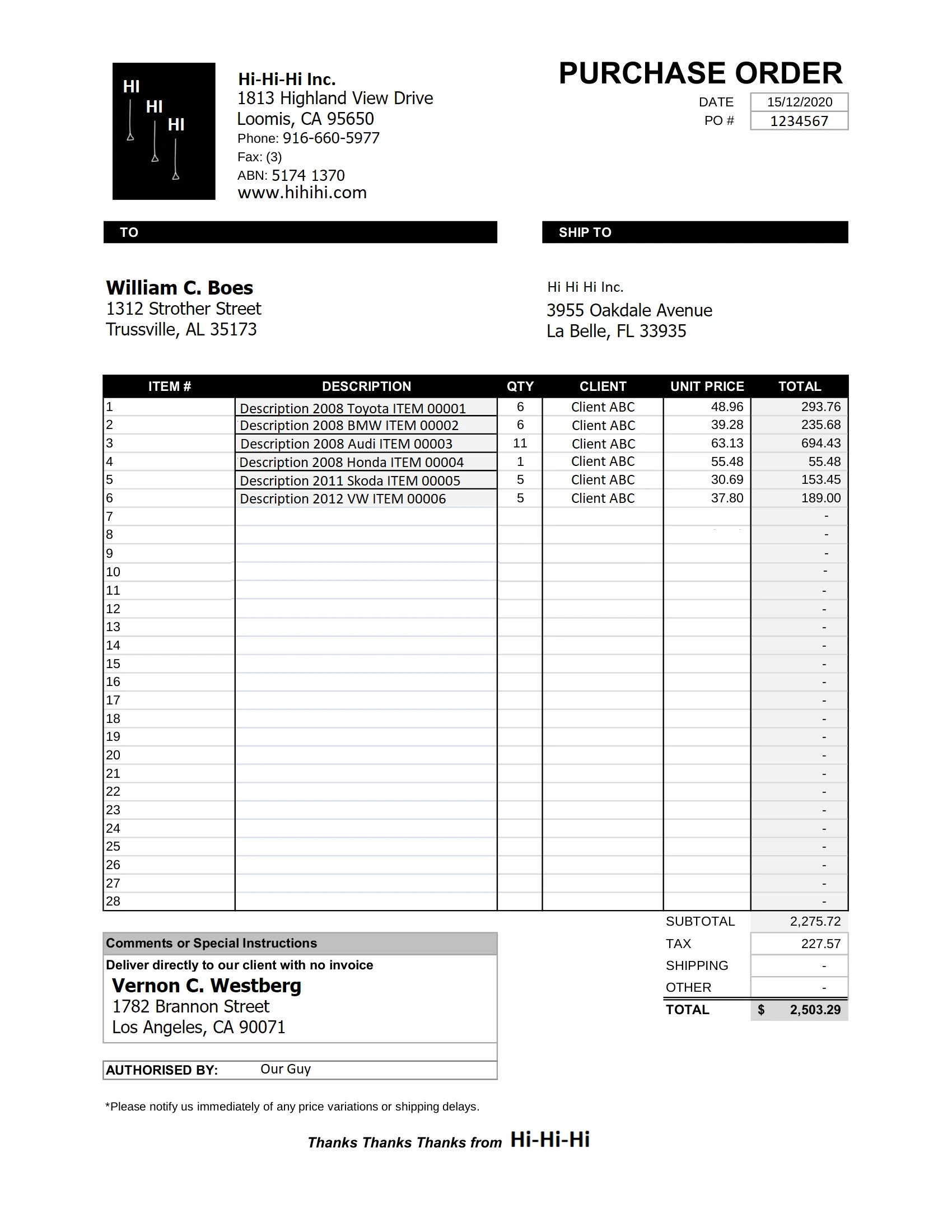 Purchase Orders sample file