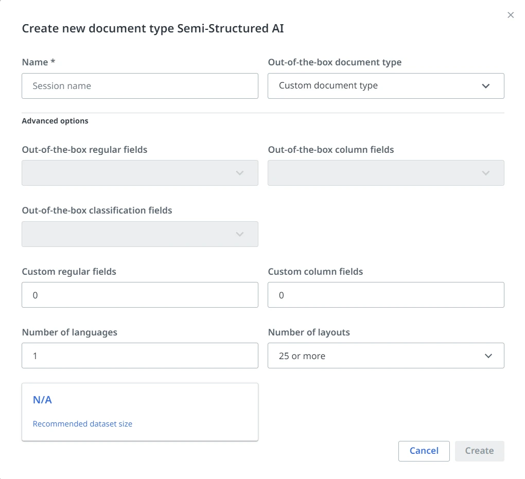 Captura de tela da interface Criar novo tipo de documento.
