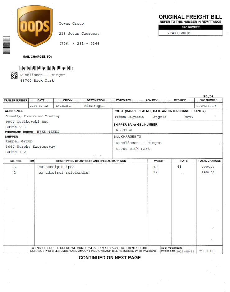 Invoices Shipping sample file