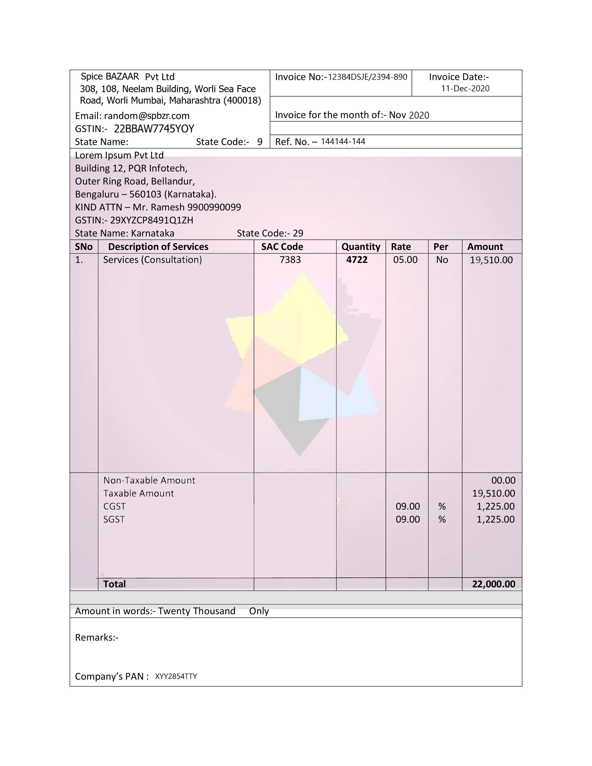 Invoices India sample file