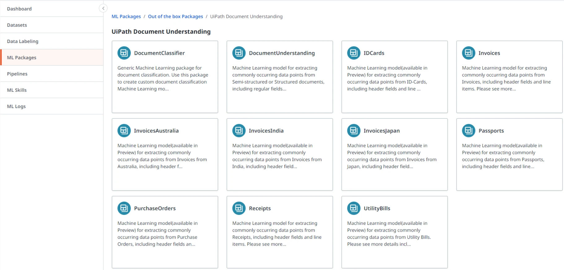 Capture d'écran décrivant l'interface Packages ML dans AI Center.