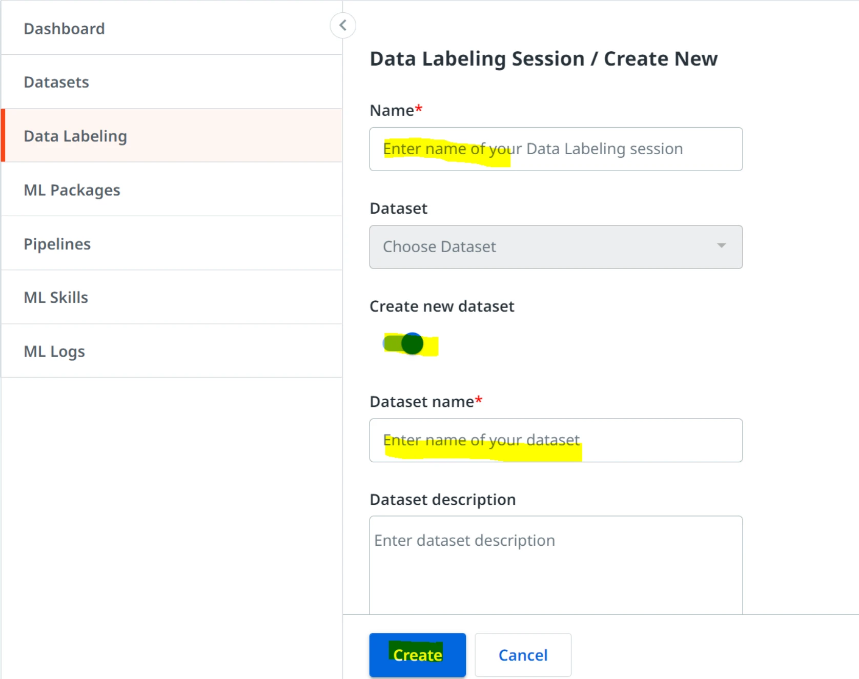 Screenshot der Oberfläche „Neue Sitzung zur Datenbeschriftung erstellen“.