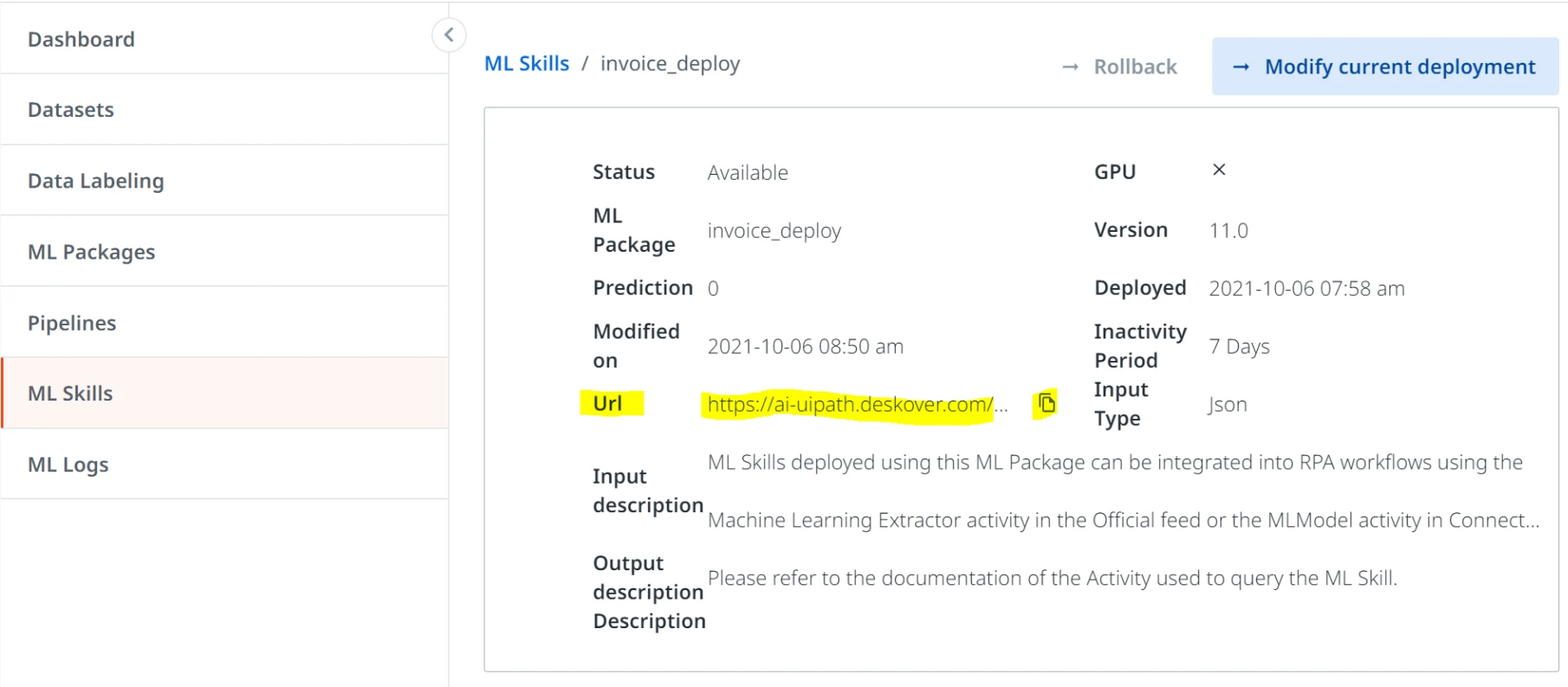 “ML 技能”界面的屏幕截图。
