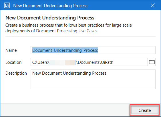 Bouton Créer un nouveau processus Document Understanding