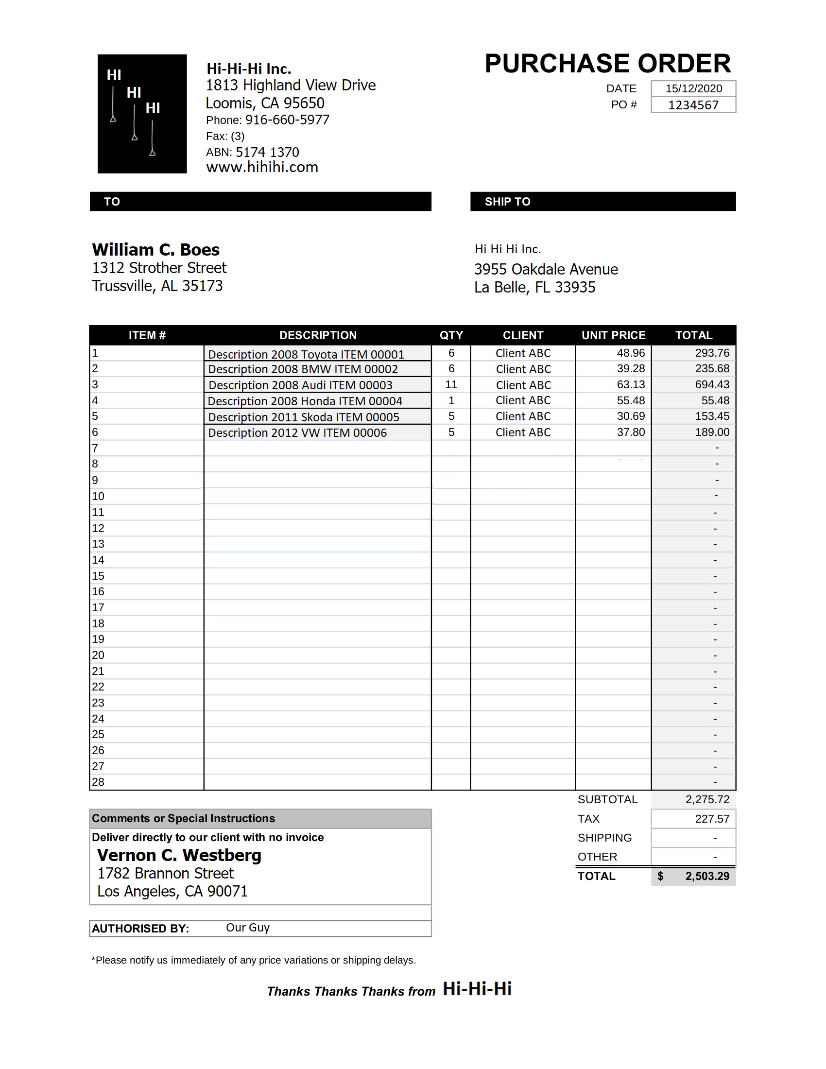 Purchase Orders sample file